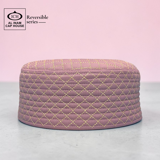 AL INAM ICH reversible Islamic prayer cap dusty blush gold MAIN VIEW – premium Muslim skull cap with elegant woven texture for salah and daily wear