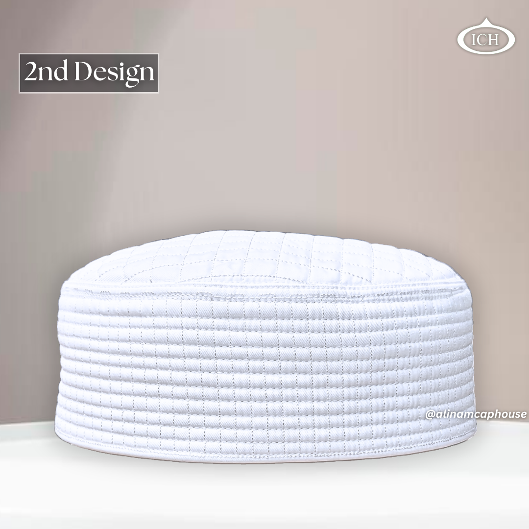 Al Inam JJ Style Cap white by Junaid Jamshed, premium Islamic prayer cap, front view, soft breathable fabric, AL INAM CAP HOUSE