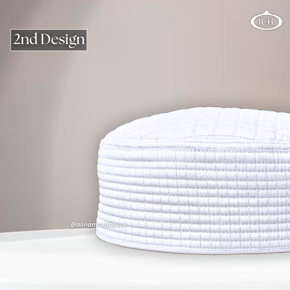Al Inam JJ Style Cap white by Junaid Jamshed, Muslim kufi prayer cap, side view, comfortable fit, AL INAM CAP HOUSE