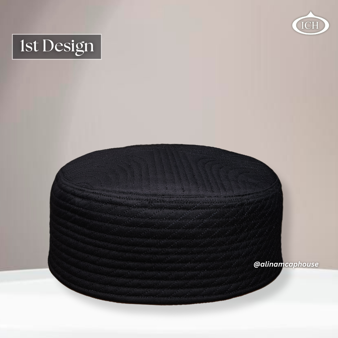Al Inam JJ Style Cap black by Junaid Jamshed, premium Islamic cap, angled view, tradition and devotion, AL INAM CAP HOUSE