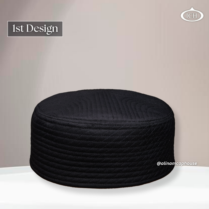 Al Inam JJ Style Cap black by Junaid Jamshed, premium Islamic cap, angled view, tradition and devotion, AL INAM CAP HOUSE