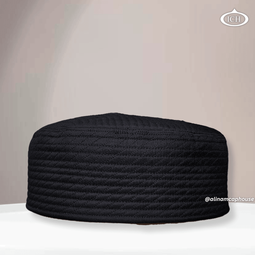 Al Inam JJ Style Cap black by Junaid Jamshed, premium Islamic prayer cap, front view, soft breathable fabric, AL INAM CAP HOUSE