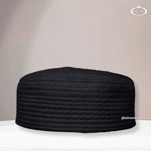 Al Inam JJ Style Cap black by Junaid Jamshed, premium Islamic prayer cap, front view, soft breathable fabric, AL INAM CAP HOUSE