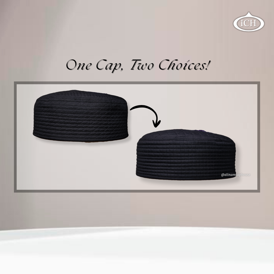Al Inam JJ Style Cap black by Junaid Jamshed, elegant kufi design, reversible view, Islamic essentials, AL INAM CAP HOUSE