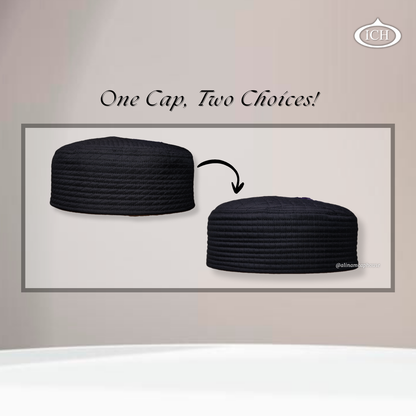 Al Inam JJ Style Cap black by Junaid Jamshed, elegant kufi design, reversible view, Islamic essentials, AL INAM CAP HOUSE