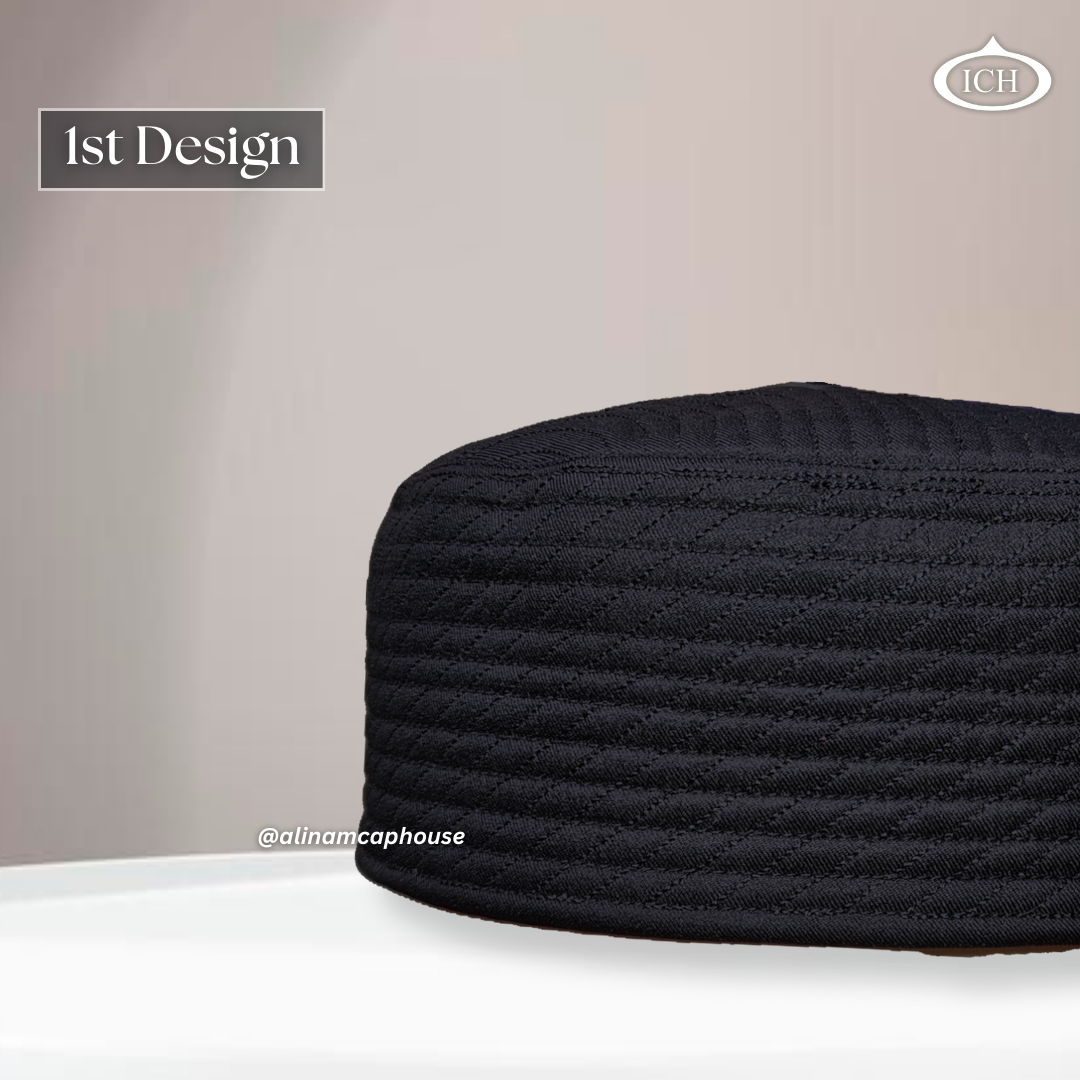 Al Inam JJ Style Cap black by Junaid Jamshed, Muslim kufi prayer cap, side view, comfortable fit, AL INAM CAP HOUSE