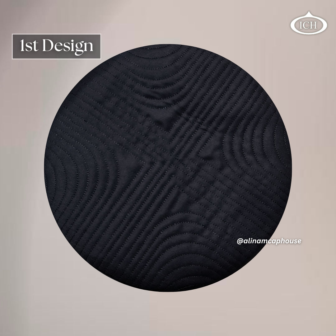 Al Inam JJ Style Cap black by Junaid Jamshed, elegant kufi design, top view, Islamic essentials, AL INAM CAP HOUSE