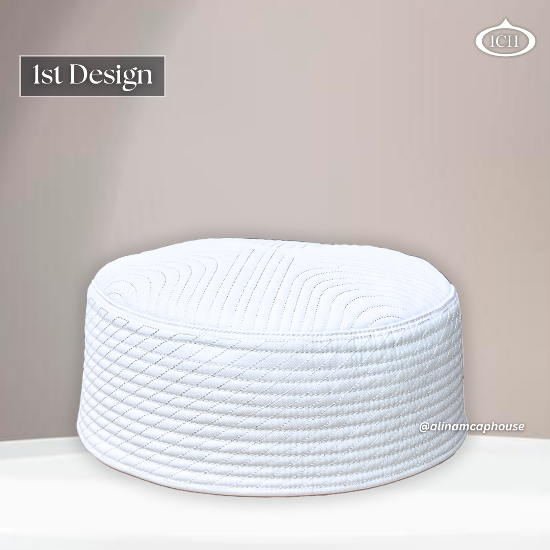 Al Inam JJ Style Cap white by Junaid Jamshed, premium Islamic cap, angled view, tradition and devotion, AL INAM CAP HOUSE