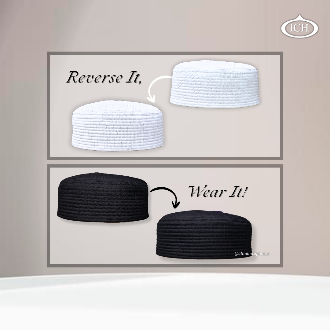 Al Inam JJ Style Cap white and black by Junaid Jamshed, elegant kufi design, reversible view, Islamic essentials, AL INAM CAP HOUSE