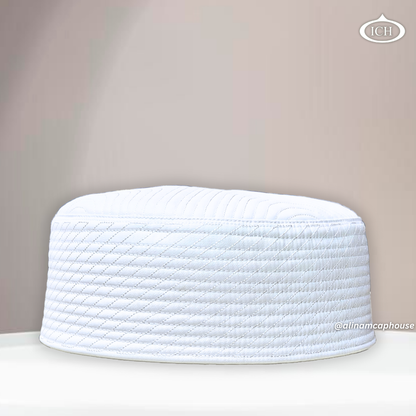 Al Inam JJ Style Cap white by Junaid Jamshed, premium Islamic prayer cap, front view, soft breathable fabric, AL INAM CAP HOUSE