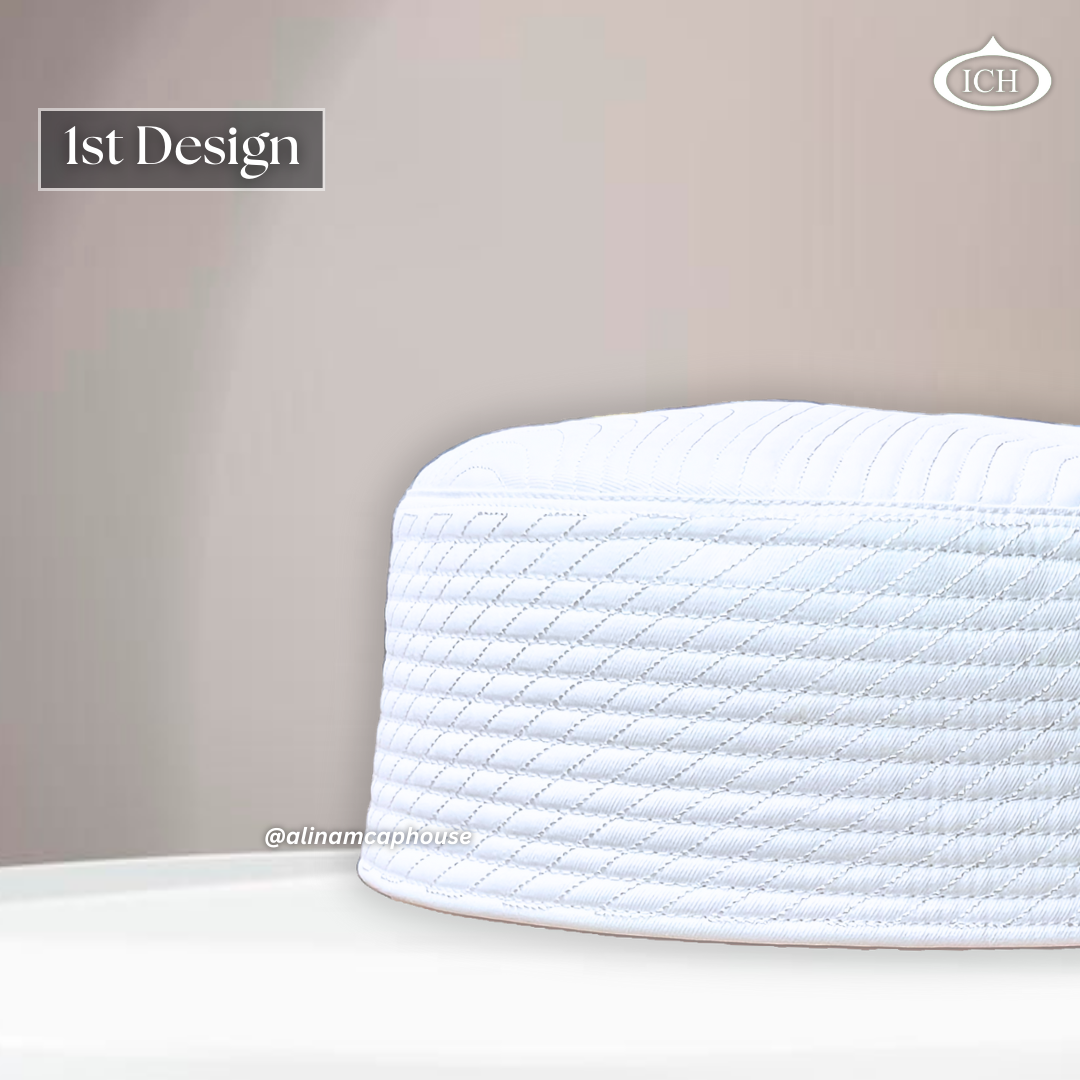 Al Inam JJ Style Cap white by Junaid Jamshed, Muslim kufi prayer cap, side view, comfortable fit, AL INAM CAP HOUSE