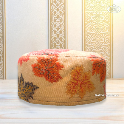 Al Inam Kashmiri Islamic Prayer Cap ICH-0001-K01 front view – handcrafted soft wool Muslim topi with autumn floral Kashmiri embroidery, elegant namaz cap for men by Al Inam Cap House.