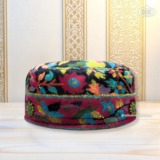 Al Inam Kashmiri Islamic Prayer Cap ICH-0001-K03 front view – premium handmade Muslim topi with Kashmiri embroidery design, soft breathable fabric, perfect for namaz aur daily prayer wear