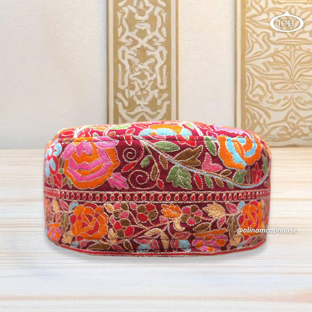Al Inam Kashmiri Islamic Prayer Cap ICH-0001-K05 front view – premium handcrafted Muslim topi with Kashmiri embroidery design, soft breathable fabric, stylish namaz cap for men & boys by Al Inam Cap House.
