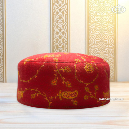 Al Inam Kashmiri Islamic Prayer Cap ICH-0002-K02 front view – elegant handmade Muslim topi with Kashmiri floral embroidery, soft breathable fabric, perfect for namaz and daily prayer.