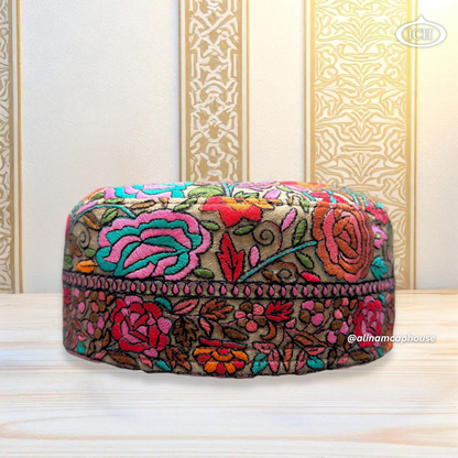 Al Inam Kashmiri Islamic Prayer Cap ICH-0002-K05 front view – premium handcrafted Muslim topi with Kashmiri floral embroidery, soft breathable fabric, stylish namaz cap for men & boys by Al Inam Cap House.