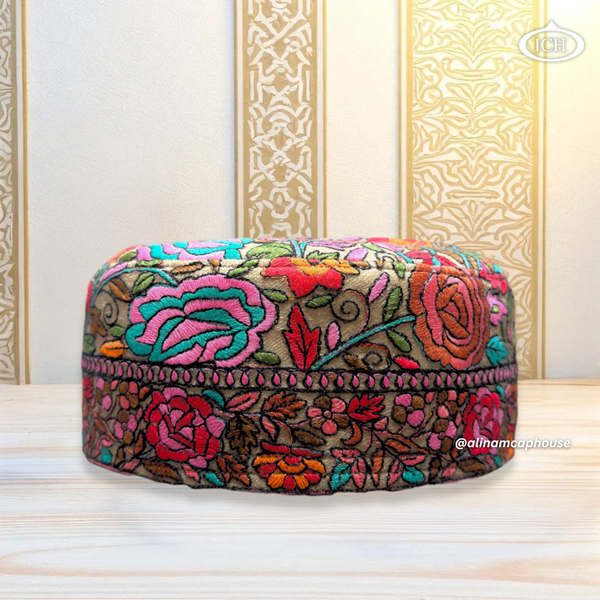 Al Inam Kashmiri Islamic Prayer Cap ICH-0002-K05 front view – premium handcrafted Muslim topi with Kashmiri floral embroidery, soft breathable fabric, stylish namaz cap for men & boys by Al Inam Cap House.