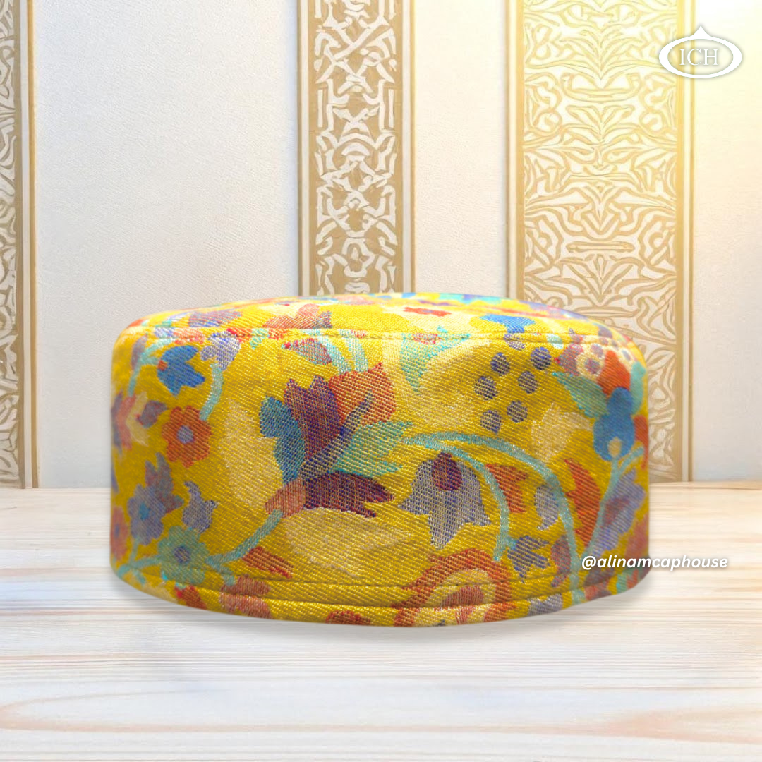 Al Inam Kashmiri Islamic Prayer Cap ICH-0003-K03 front view – premium handmade Muslim topi with elegant Kashmiri embroidery, breathable fabric, perfect for namaz aur daily prayer wear.