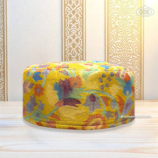 Al Inam Kashmiri Islamic Prayer Cap ICH-0003-K03 front view – premium handmade Muslim topi with elegant Kashmiri embroidery, breathable fabric, perfect for namaz aur daily prayer wear.