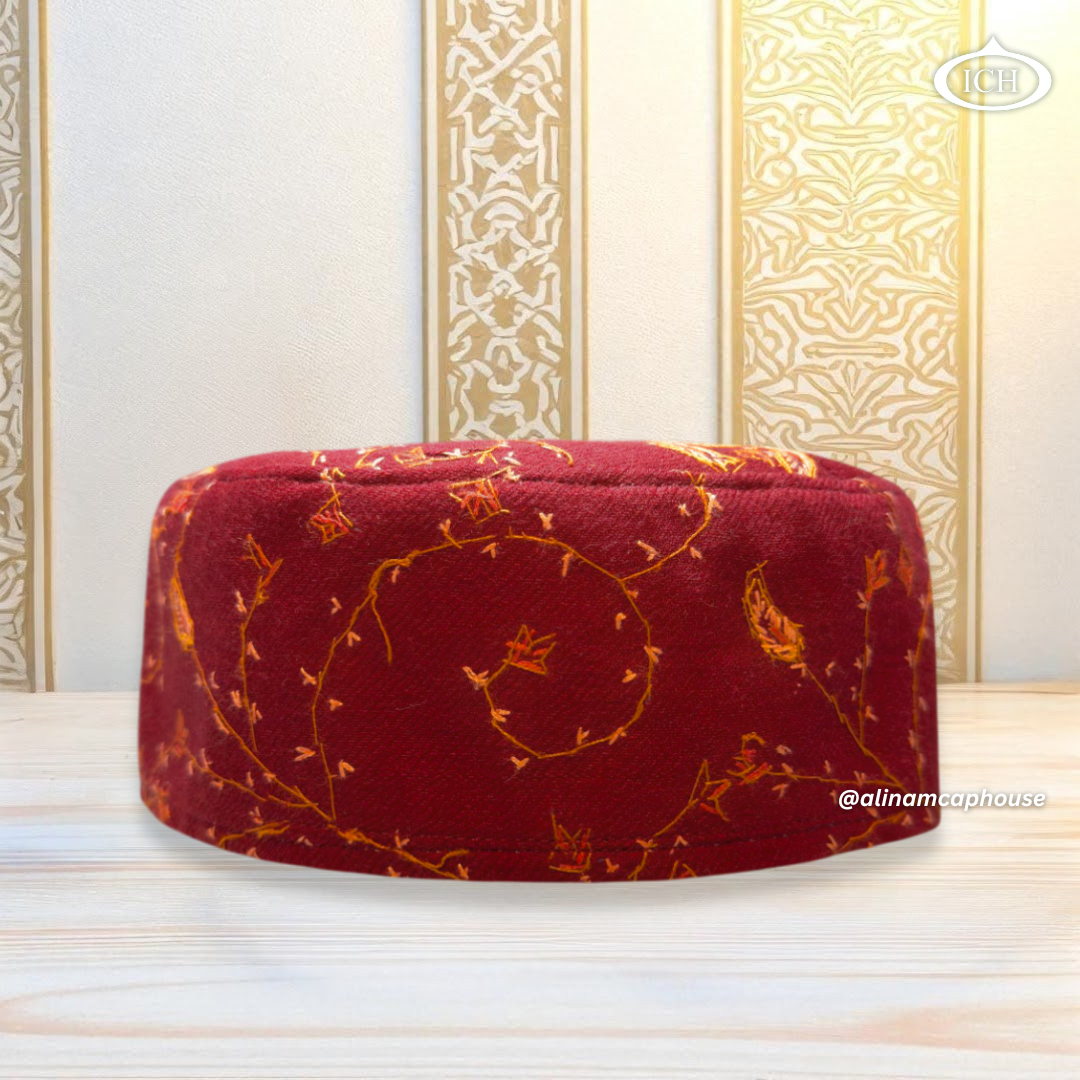 Al Inam Kashmiri Islamic Prayer Cap ICH-0004-K02 front view – stylish handmade Muslim topi with premium Kashmiri embroidery, soft breathable fabric, perfect namaz cap for men by Al Inam Cap House.