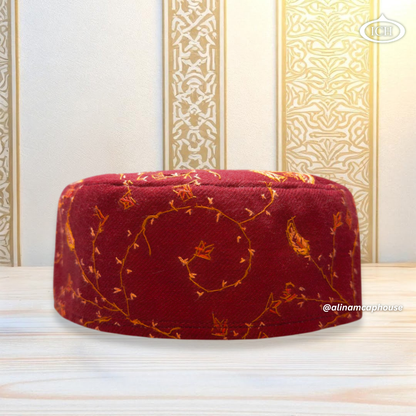 Al Inam Kashmiri Islamic Prayer Cap ICH-0004-K02 front view – stylish handmade Muslim topi with premium Kashmiri embroidery, soft breathable fabric, perfect namaz cap for men by Al Inam Cap House.
