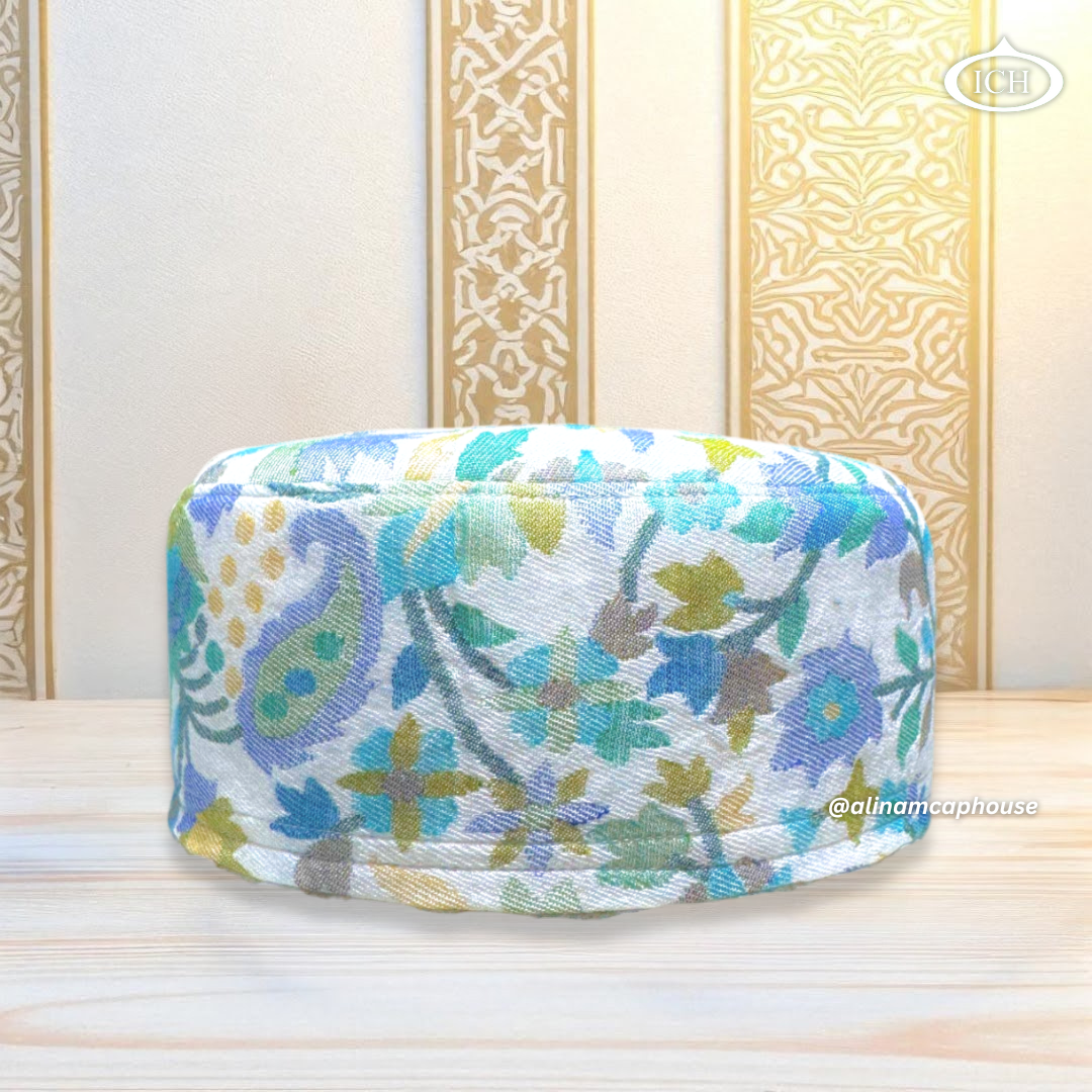 Al Inam Kashmiri Islamic Prayer Cap ICH-0005-K03 front view – premium handcrafted Muslim topi with Kashmiri floral embroidery design, soft breathable fabric, namaz cap for men & boys by Al Inam Cap House.