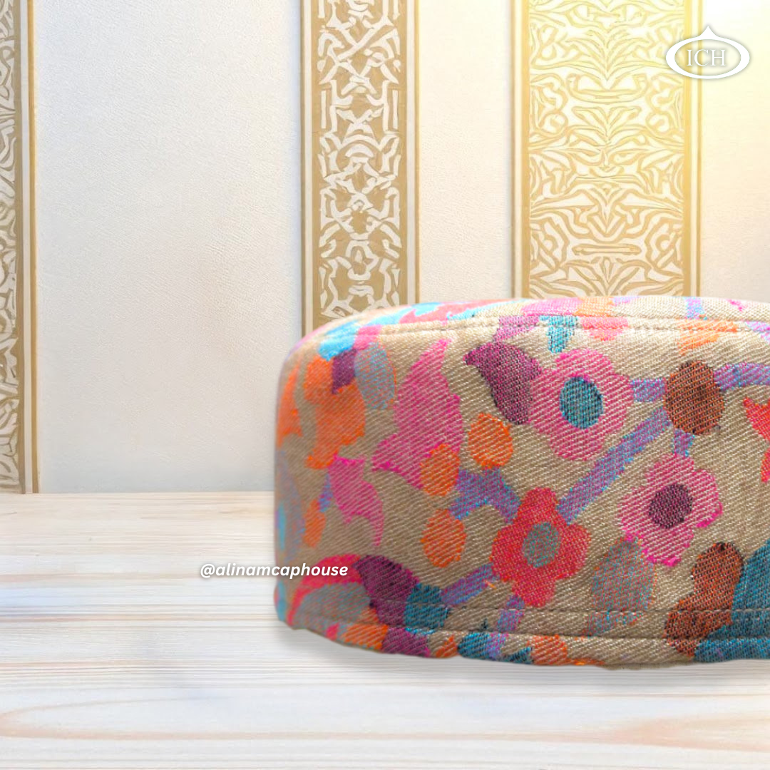Al Inam Kashmiri Cap ICH-0002-K03 side view – stylish Kashmiri-style Muslim prayer topi, detailed floral embroidery design, comfortable fit for salah, Eid aur Ramadan look.