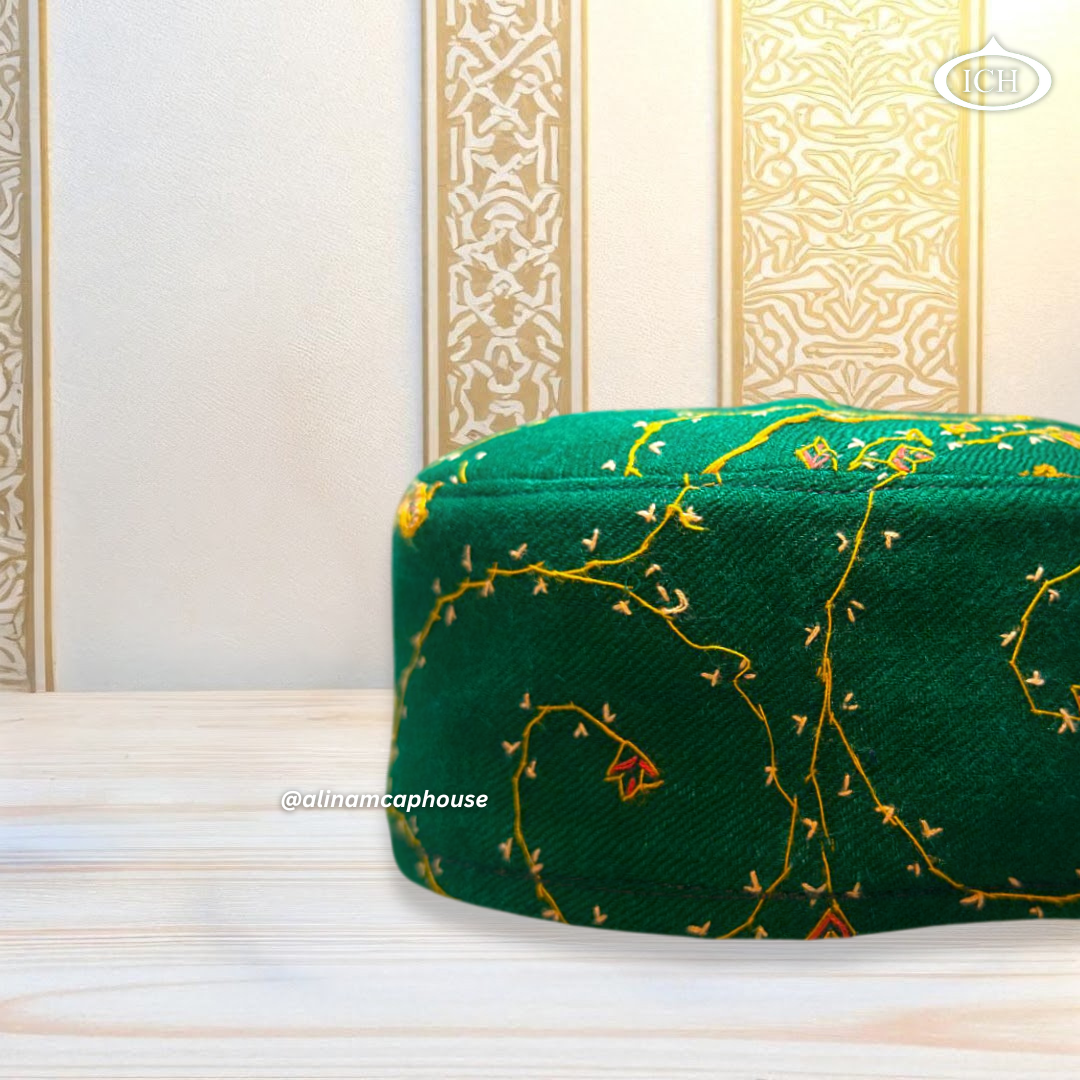 Al Inam Kashmiri Cap ICH-0003-K02 side view – stylish Kashmiri style Muslim prayer topi, detailed floral embroidery design, comfortable fit for salah, Eid aur Ramadan look.