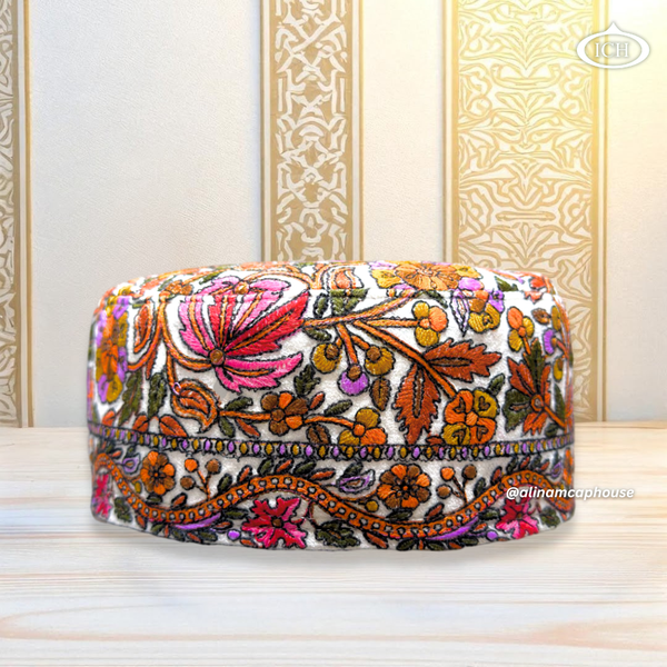 Al Inam Kashmiri Islamic Prayer Cap ICH-0003-K05 front view – handmade soft Muslim topi with rich Kashmiri embroidery, stylish namaz cap for men by Al Inam Cap House.