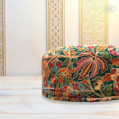 Al Inam Kashmiri Cap ICH-0006-K05 side view – stylish Kashmiri design Muslim prayer topi, detailed floral thread-work, comfortable fit for daily salah & Eid wear.