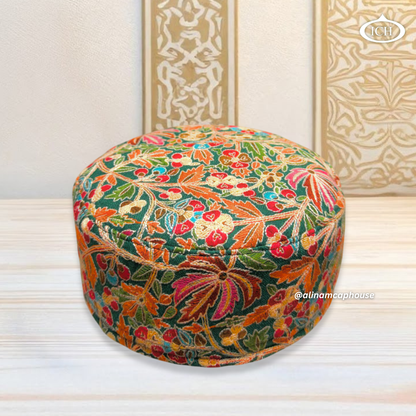 Al Inam Kashmiri Topi ICH-0006-K05 top view – beautifully crafted Islamic cap showing embroidery pattern and premium finish, luxury namaz topi by Al Inam Cap House, New Delhi.