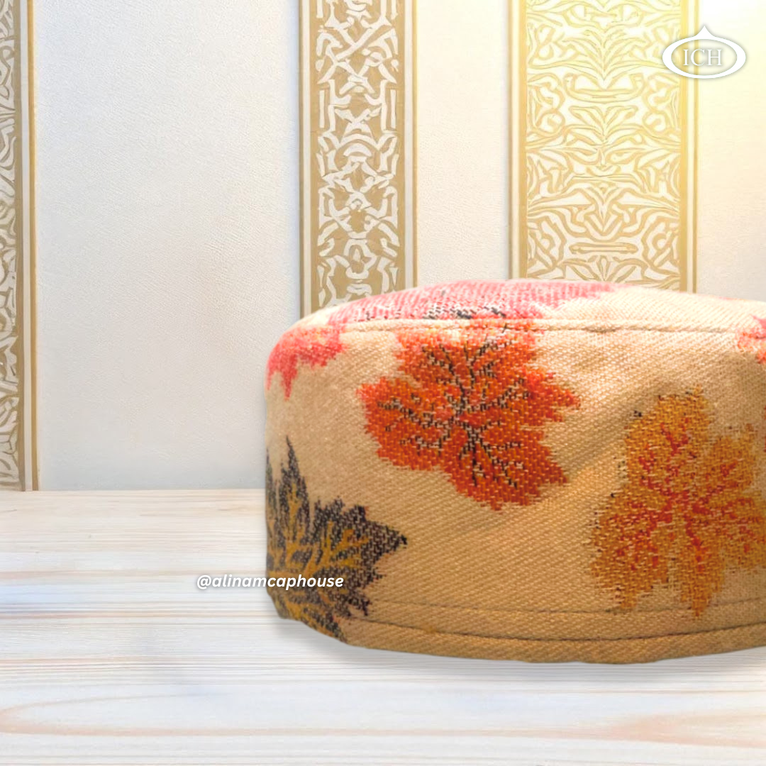 Al Inam Signature Prayer Cap ICH-0001-K01 side view – premium Kashmiri-style Muslim prayer topi featuring detailed floral embroidery and warm soft texture, ideal for salah and daily wear.