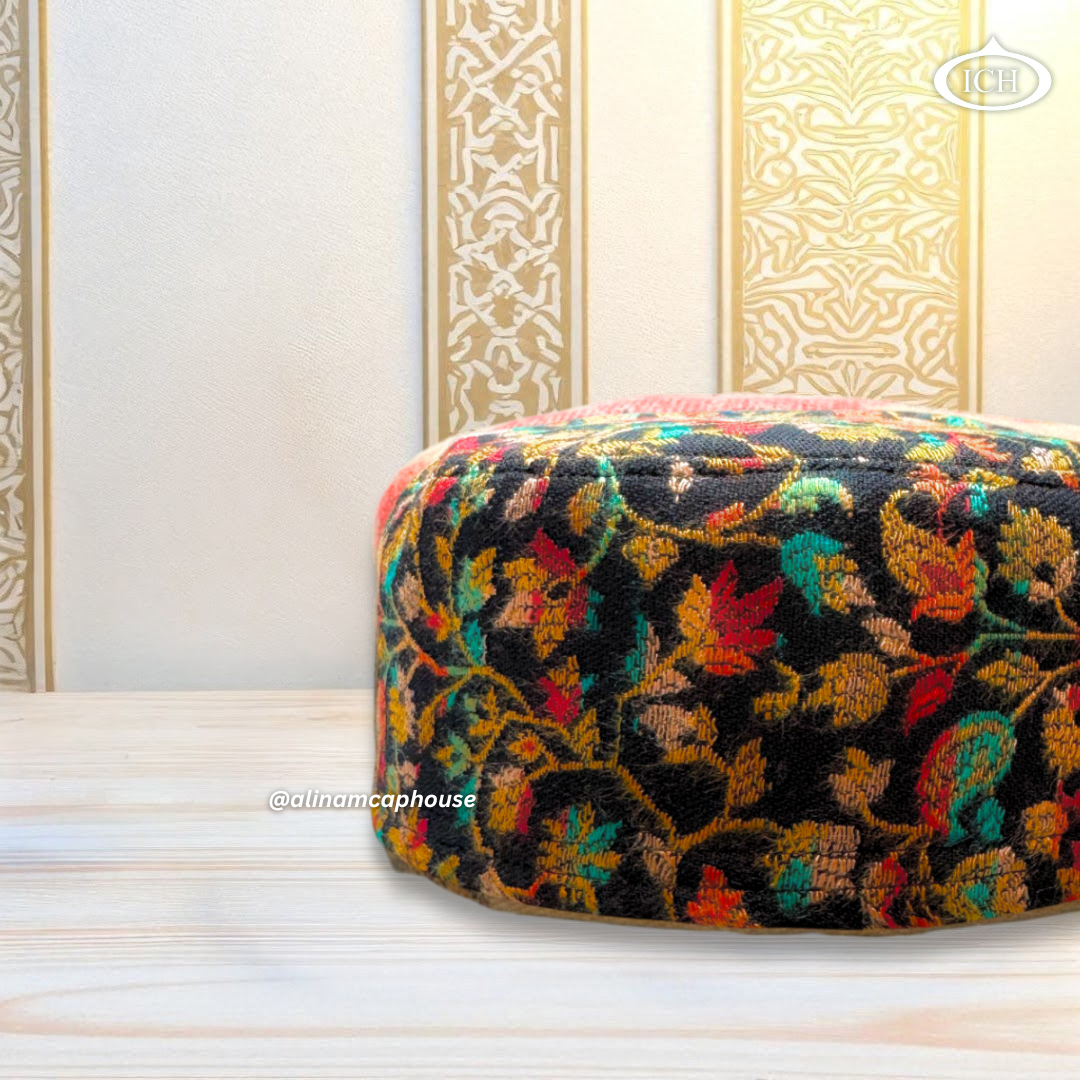 Al Inam Signature Kashmiri Prayer Cap ICH-0002-K01 side view – stylish and comfortable Muslim prayer topi featuring intricate embroidery and modern Kashmiri craftsmanship for salah and Ramadan wear