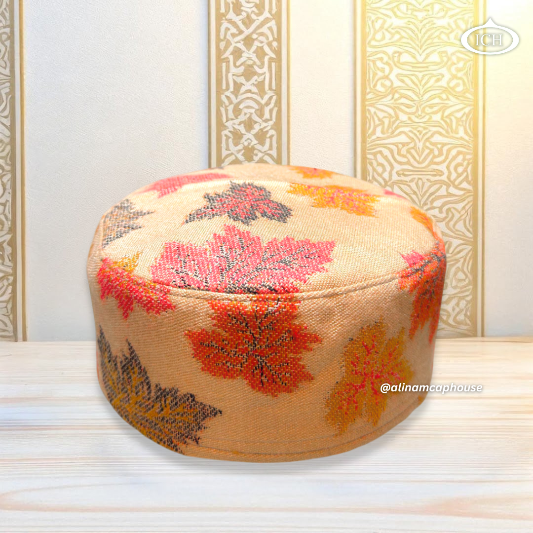 Al Inam Kashmiri Topi ICH-0001-K01 top view – luxury handcrafted Islamic cap with floral Kashmiri patterns, elegant and breathable namaz topi from Al Inam Cap House, New Delhi.
