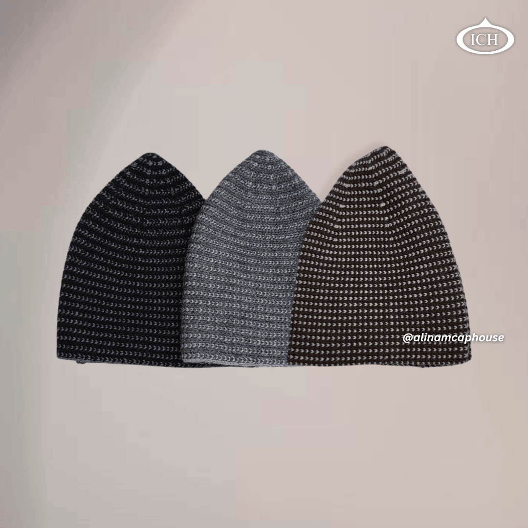 Three knitted Islamic caps together in black, brown, and grey, soft breathable cotton fabric, elegant textured design, premium Muslim prayer topis, AL INAM CAP HOUSE