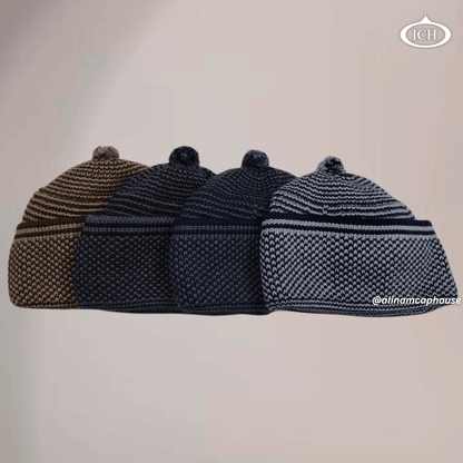 Four knitted Islamic caps together in blue, brown, dark blue, and dark grey, soft breathable cotton fabric, elegant textured design, premium Muslim prayer topis, AL INAM CAP HOUSE
