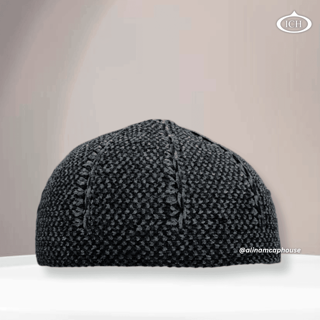 Black knitted cap, Islamic prayer topi, premium handcrafted Muslim cap, breathable cotton fabric, elegant design by AL INAM CAP HOUSE