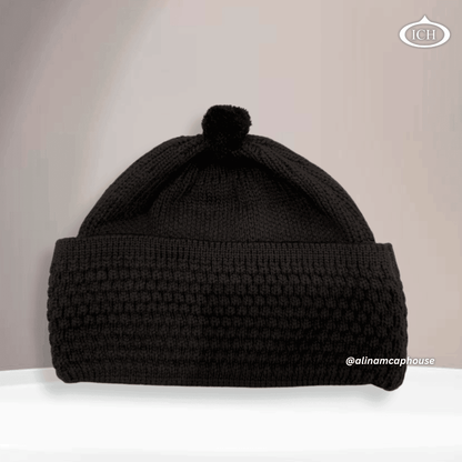 Dark brown knitted Islamic prayer cap, premium cotton topi, elegant handcrafted texture, soft and breathable Muslim headwear, AL INAM CAP HOUSE