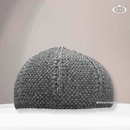 Grey knitted Islamic cap, premium Muslim prayer topi, soft textured cotton fabric, elegant and comfortable design, AL INAM CAP HOUSE