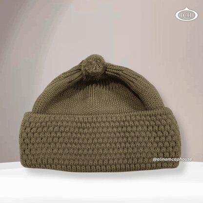 Light brown knitted Islamic cap, soft cotton Muslim prayer topi, classic textured knit design, breathable and comfortable, AL INAM CAP HOUSE