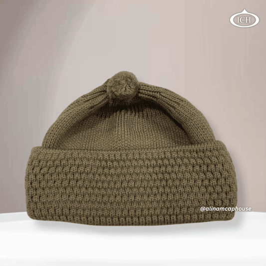 Light brown knitted Islamic cap, soft cotton Muslim prayer topi, classic textured knit design, breathable and comfortable, AL INAM CAP HOUSE