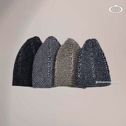 Four knitted Islamic caps together in black, Blue, light brown, and grey, soft breathable cotton fabric, elegant textured design, premium Muslim prayer topis, AL INAM CAP HOUSE