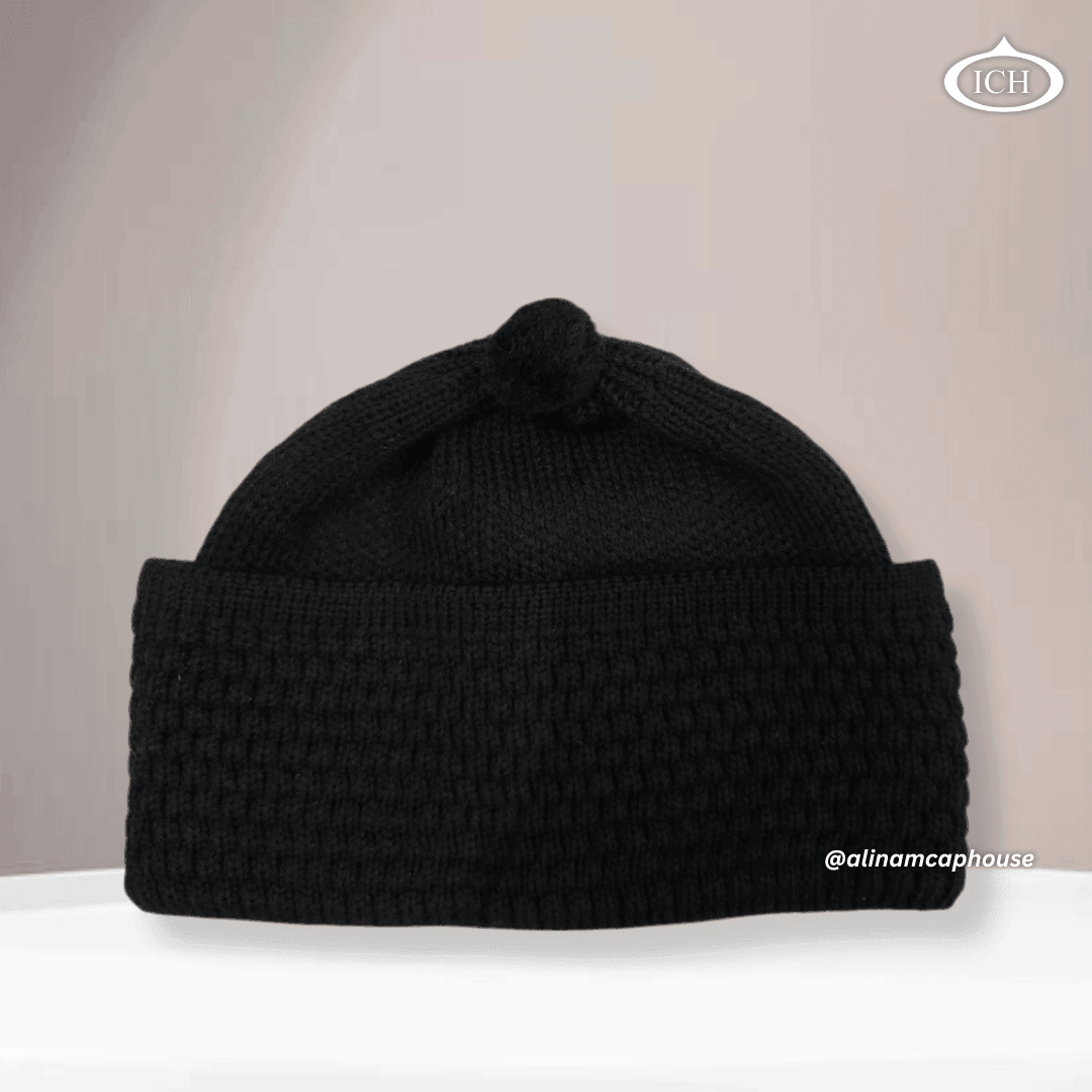 Black knitted Islamic cap, premium Muslim prayer topi, soft cotton knit fabric, elegant handcrafted texture, AL INAM CAP HOUSE