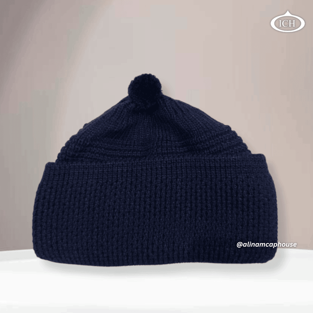 Blue knitted Islamic prayer cap, breathable cotton topi, stylish textured design, premium handcrafted Muslim headwear, AL INAM CAP HOUSE