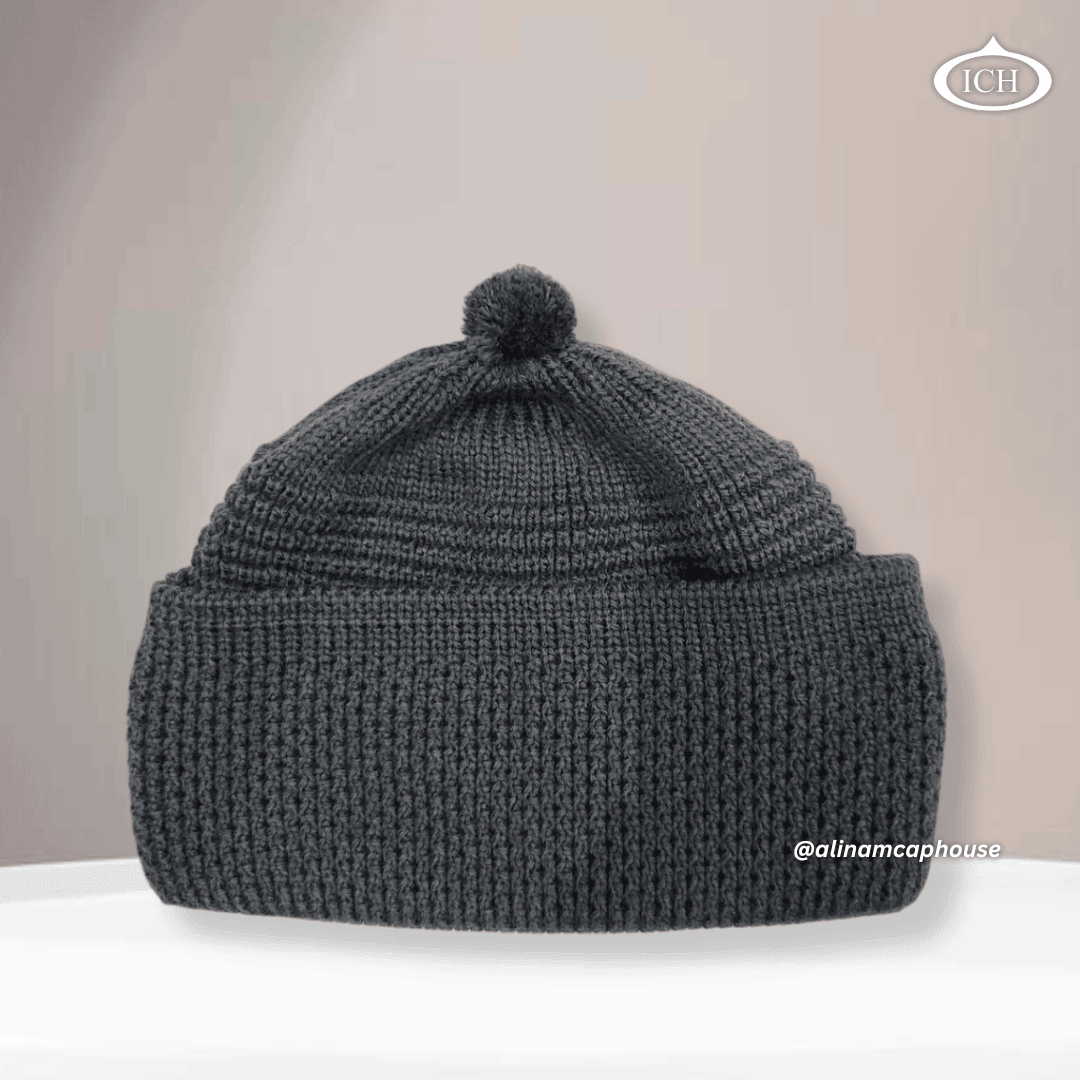 Grey knitted Islamic cap, soft cotton prayer topi, elegant textured knit pattern, lightweight Muslim headwear, AL INAM CAP HOUSE