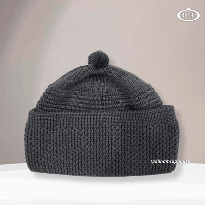 Grey knitted Islamic cap, soft cotton prayer topi, elegant textured knit pattern, lightweight Muslim headwear, AL INAM CAP HOUSE