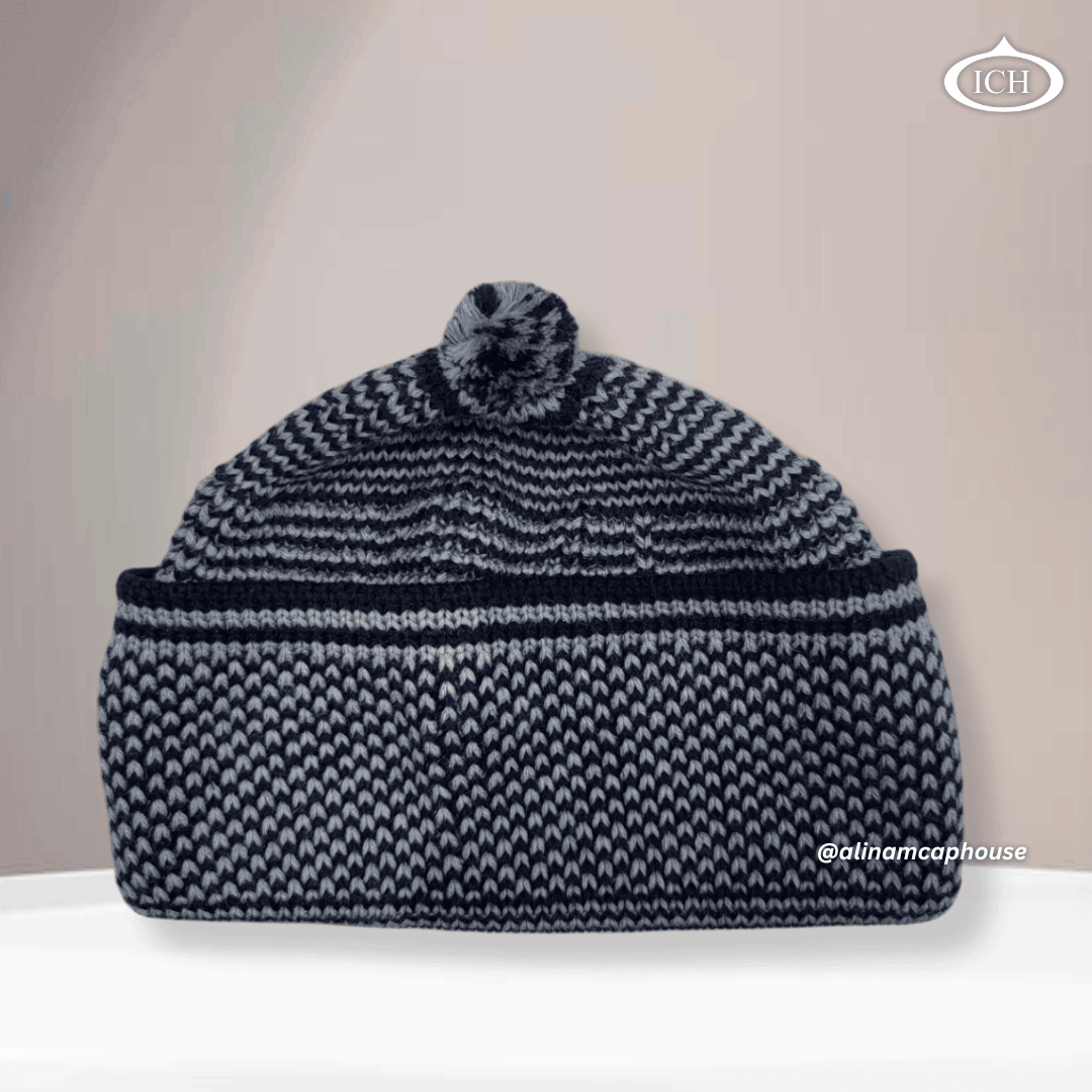 Blue knitted Islamic cap, soft cotton Muslim prayer topi, breathable fabric, elegant handcrafted knit design, AL INAM CAP HOUSE