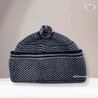 Blue knitted Islamic cap, soft cotton Muslim prayer topi, breathable fabric, elegant handcrafted knit design, AL INAM CAP HOUSE