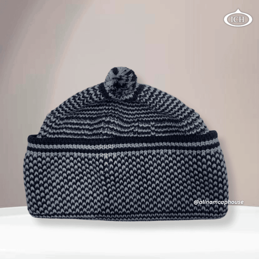 Blue knitted Islamic cap, soft cotton Muslim prayer topi, breathable fabric, elegant handcrafted knit design, AL INAM CAP HOUSE
