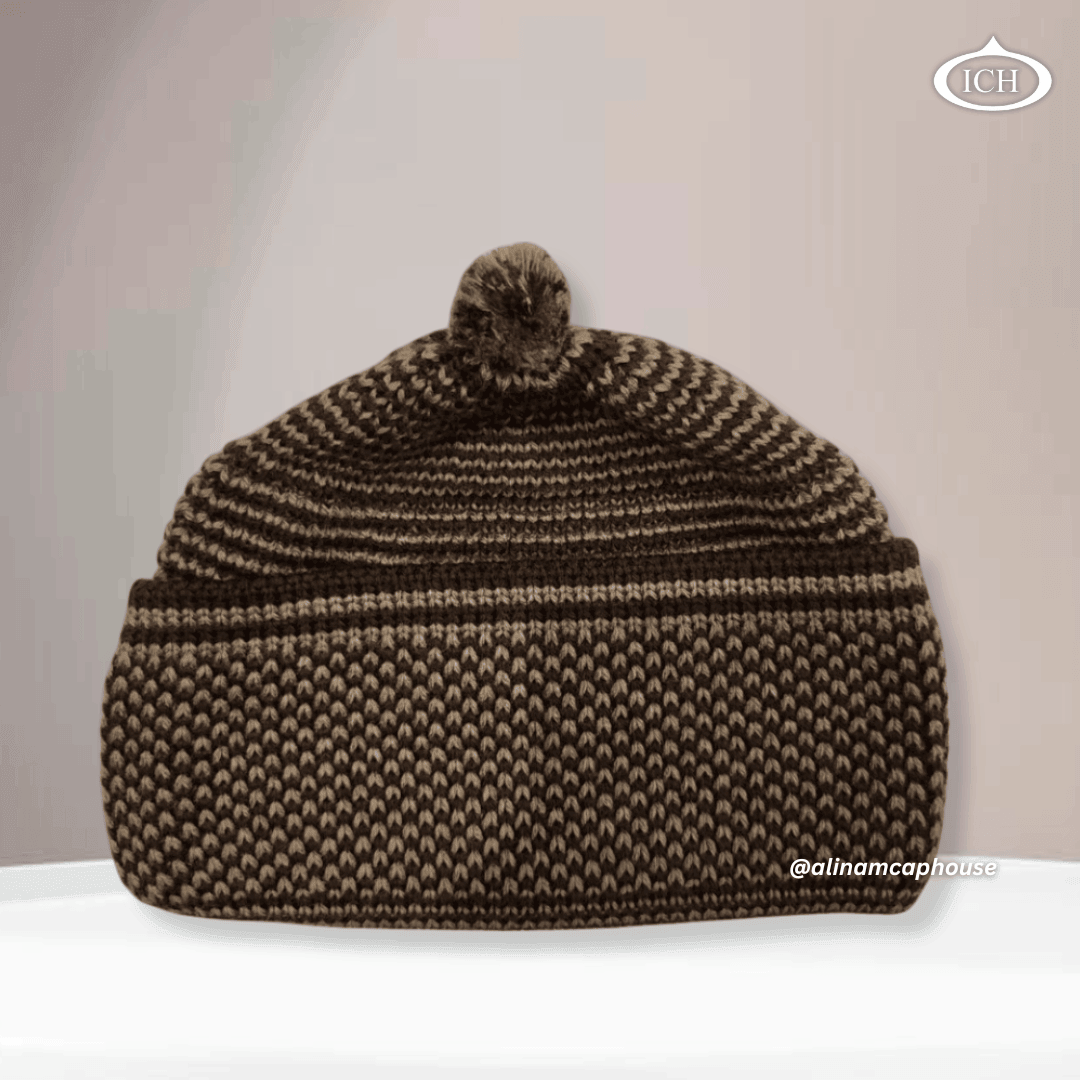 Brown knitted Islamic cap, premium Muslim prayer topi, textured cotton fabric, traditional handcrafted knit pattern, AL INAM CAP HOUSE